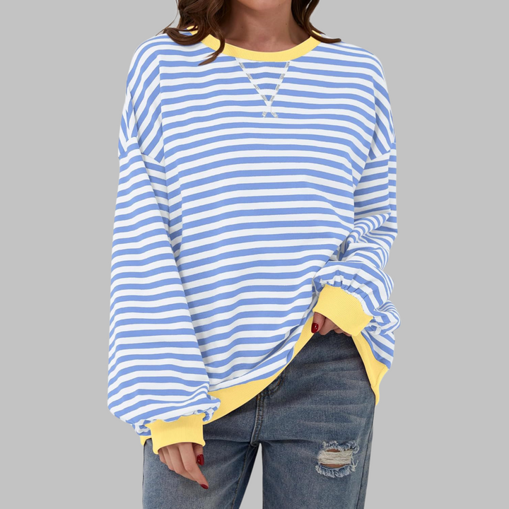 Poppy | Moletom Feminino Listrado Oversized com Gola Careca e Manga Longa