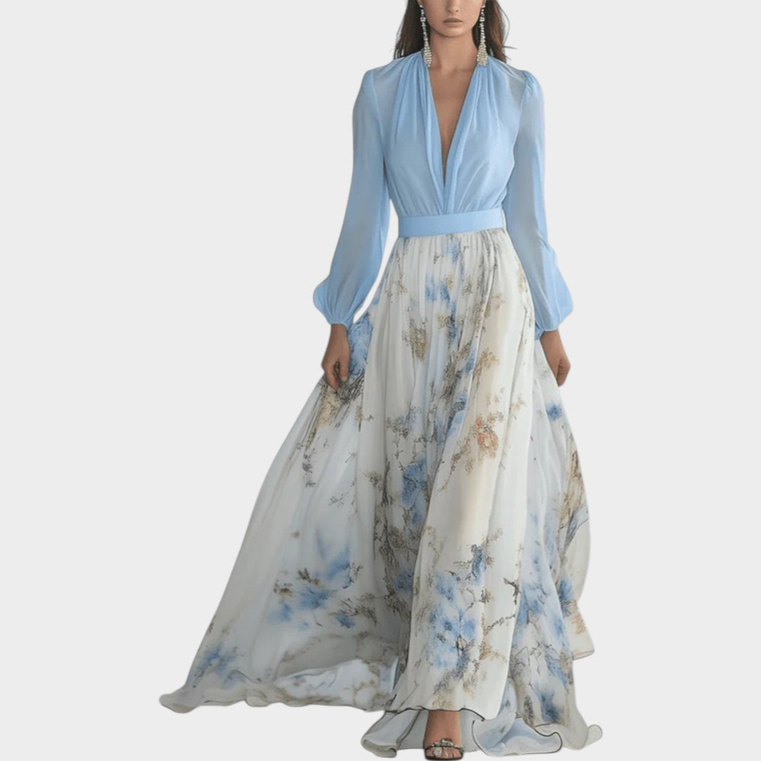 Floral Maxi Dress for Women - Elegant Chiffon V-Neck Gown