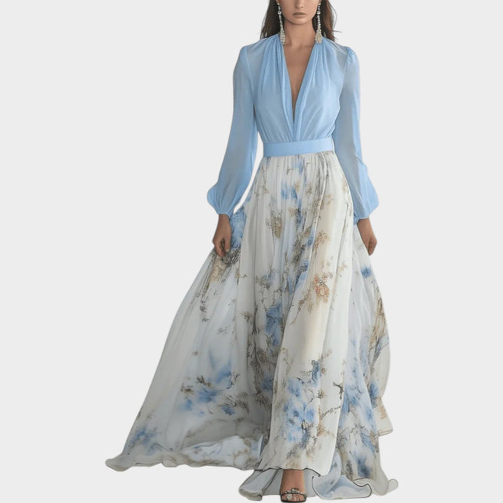 Floral Maxi Dress for Women - Elegant Chiffon V-Neck Gown