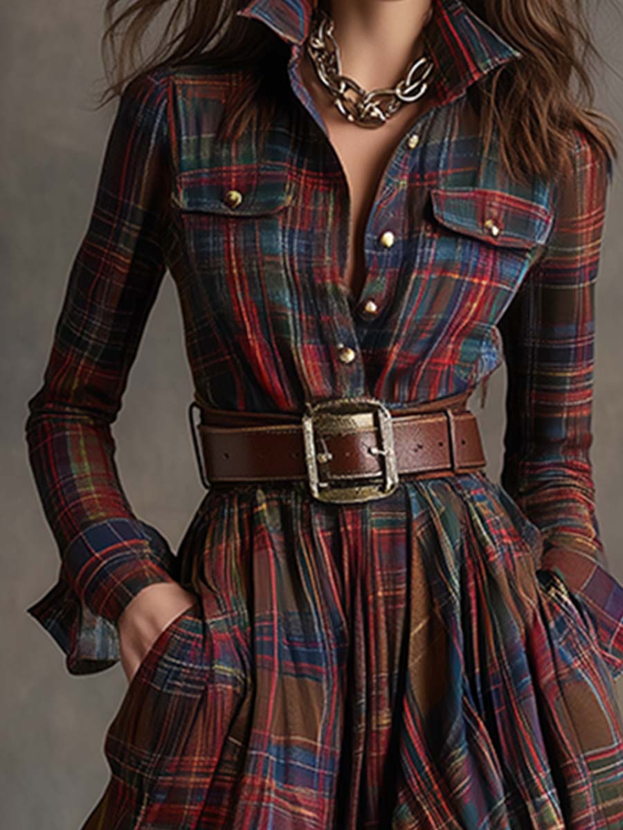 Giulietta - Vestido camisa maxi a cuadros con cinturón