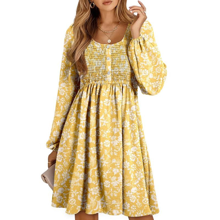Otoño | Vestido corto de manga larga para mujer con cintura imperio fruncida