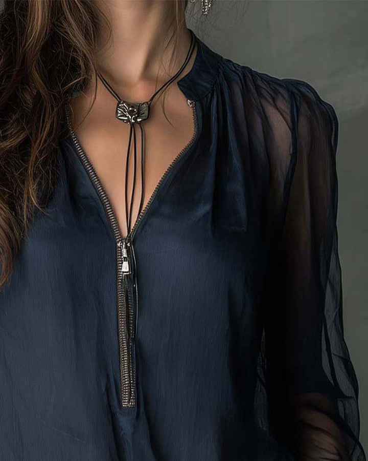 Langarm-Strickbluse mit halbem Reißverschluss