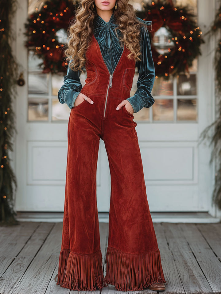 Mono de estilo retro occidental con cremallera en V, ante sintético rojo, pantalones anchos y borlas