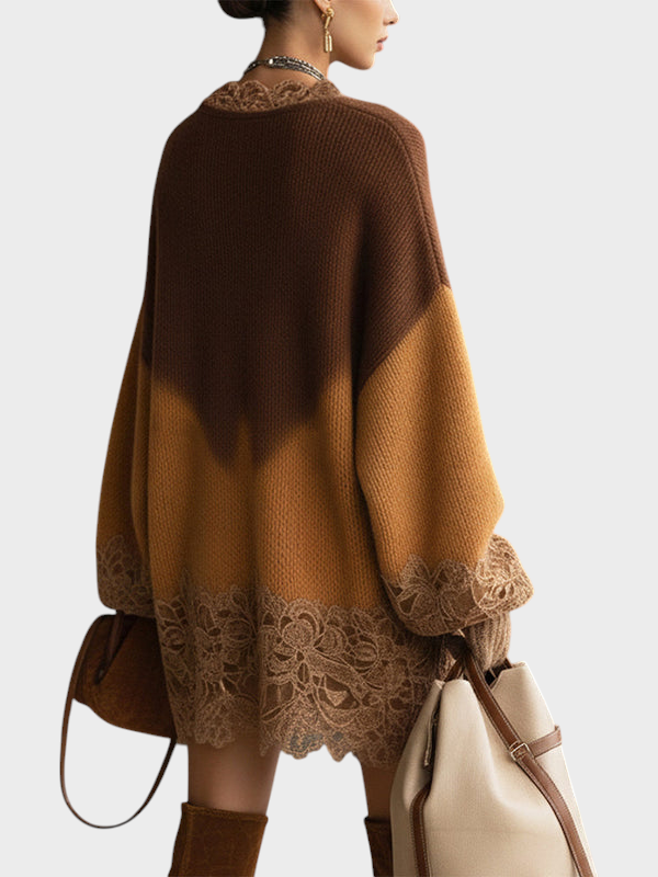 Mille | Hnědé ombré pletené krajkové oversized mini šaty s dlouhými rukávy