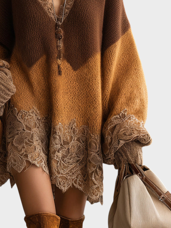 Mille | Hnědé ombré pletené krajkové oversized mini šaty s dlouhými rukávy