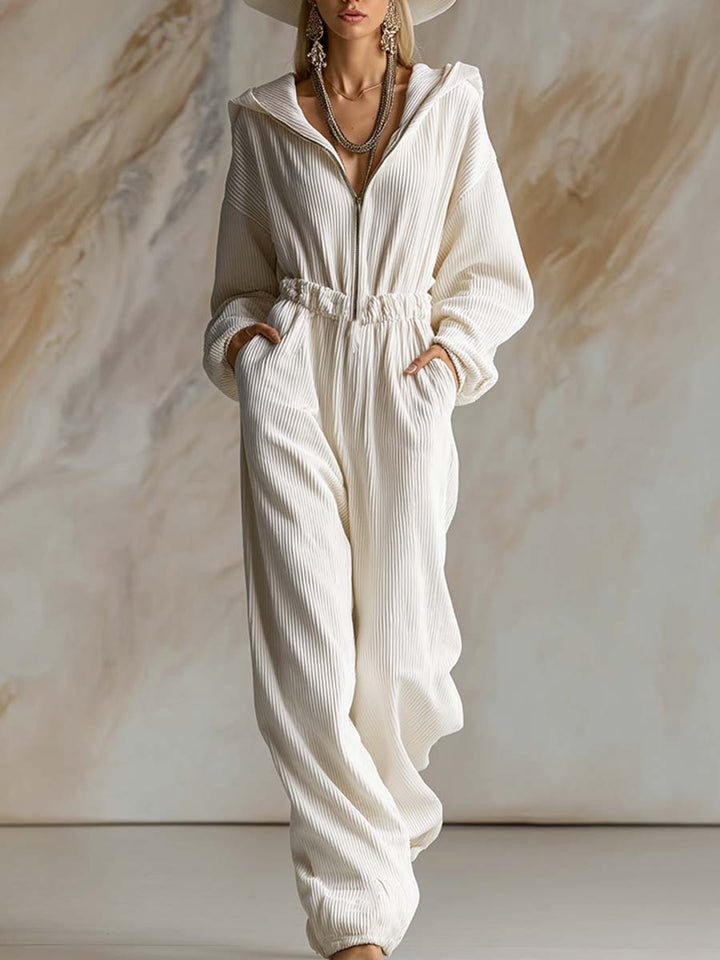 Mono casual holgado de pana blanca con capucha, cremallera frontal y manga larga, a la moda
