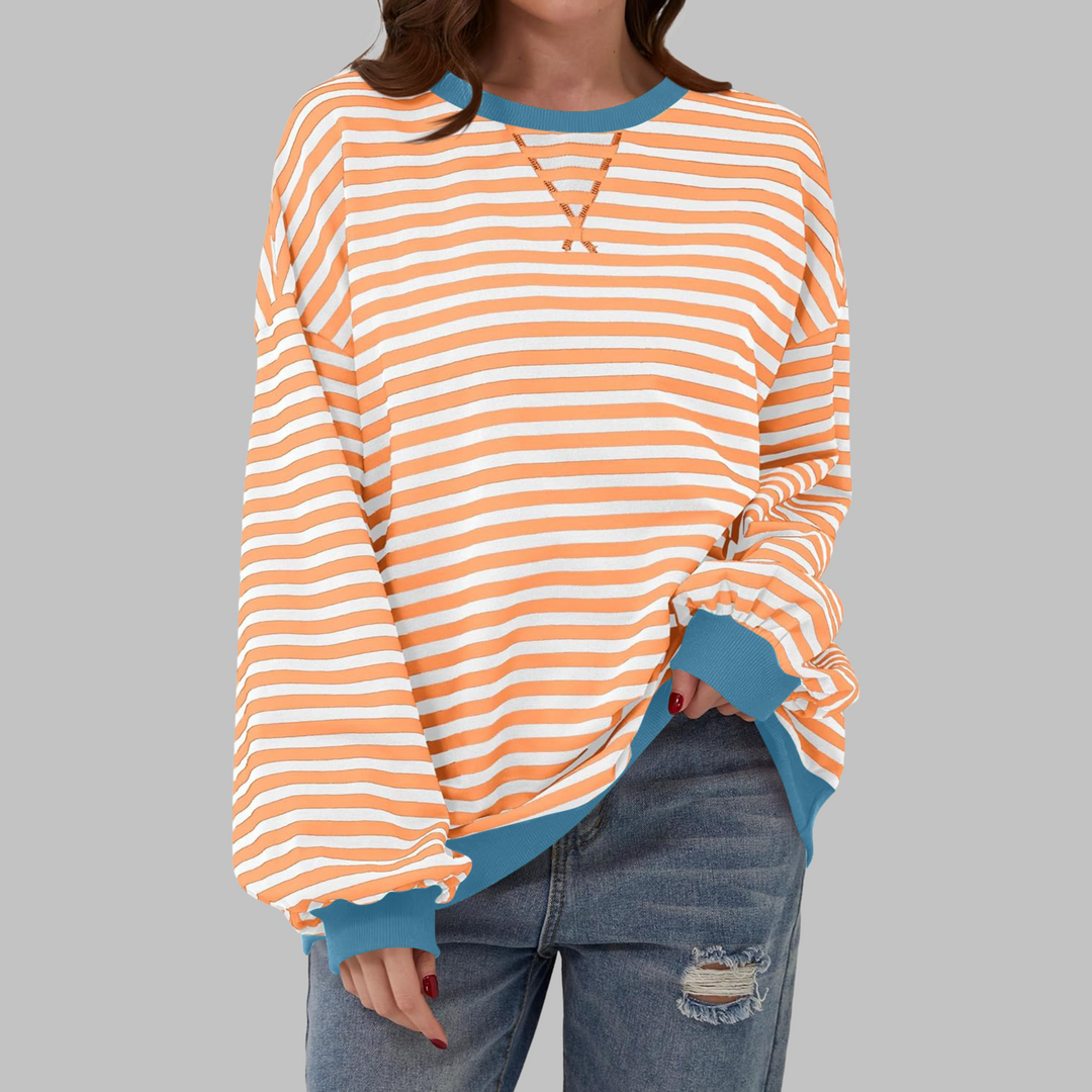 Poppy | Moletom Feminino Listrado Oversized com Gola Careca e Manga Longa