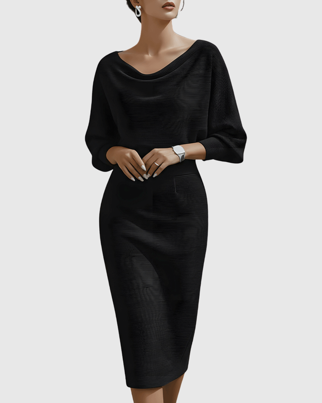 Vivienne | Vestido midi acanalado para mujer con cuello vuelto y mangas murciélago