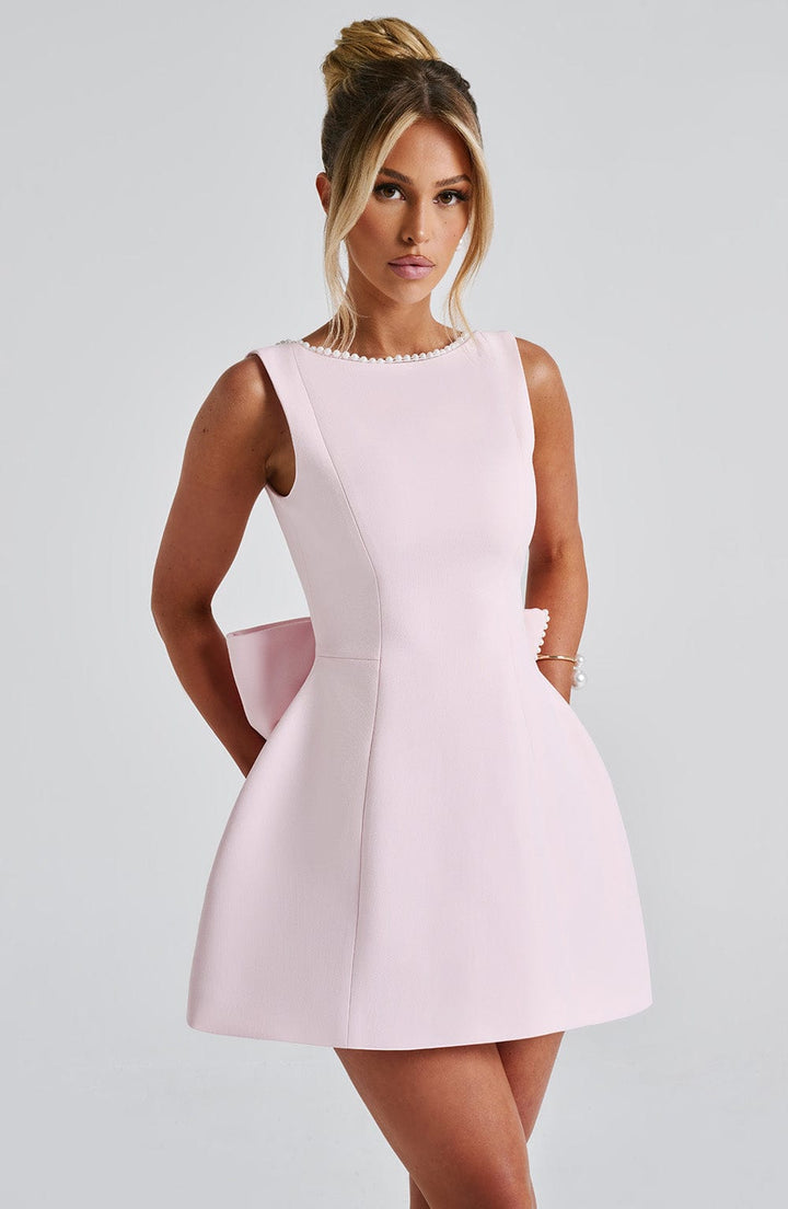 Celeste | Vestido Mini A-Line Feminino com Detalhe em Pérola sem Mangas