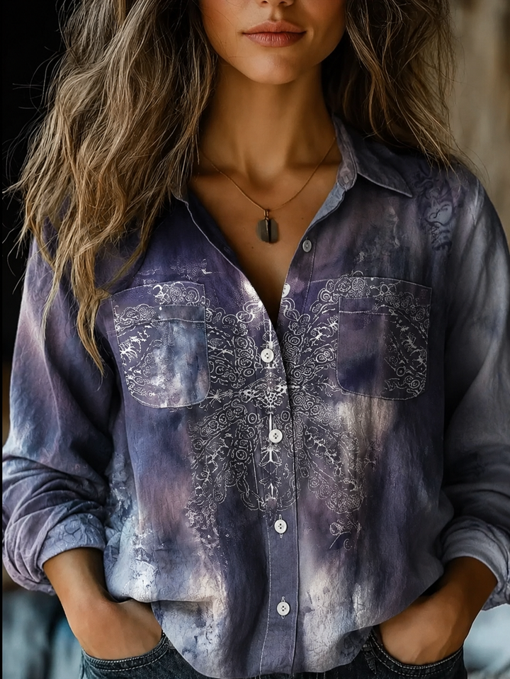 Autunno | Camicia da donna vintage a maniche lunghe con stampa floreale e bottoni