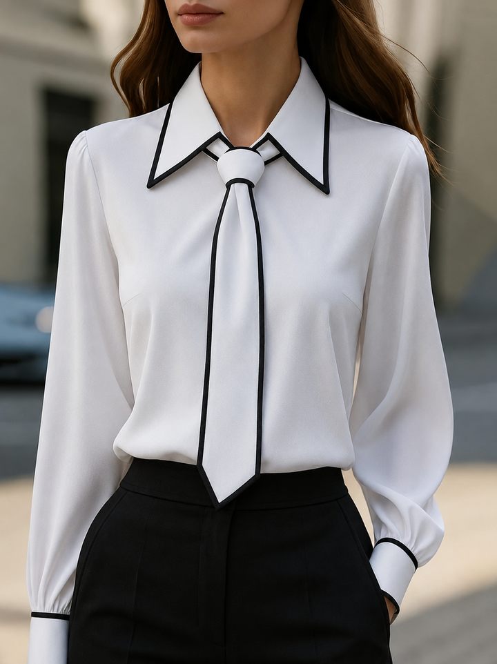 Vivian | Blusa de manga larga para mujer con lazo en el cuello y cuello en contraste