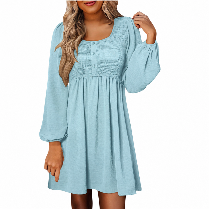 Otoño | Vestido corto de manga larga para mujer con cintura imperio fruncida