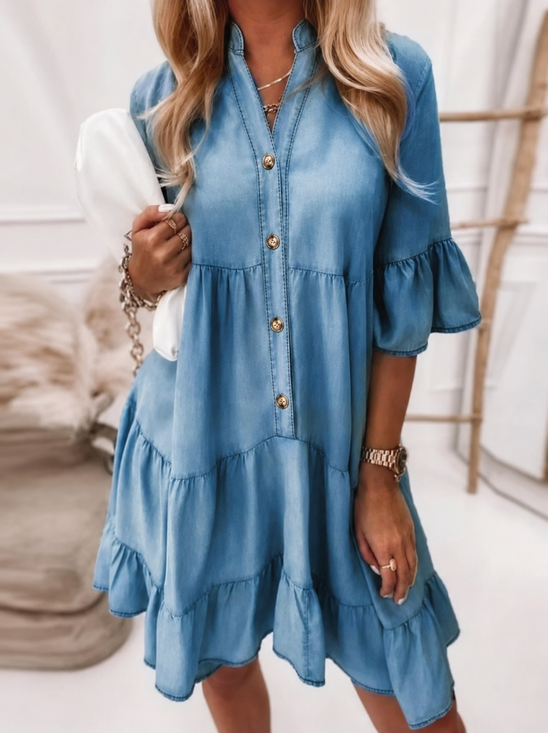 Billie | Vestido corto casual de mujer con volantes en capas y botones delanteros