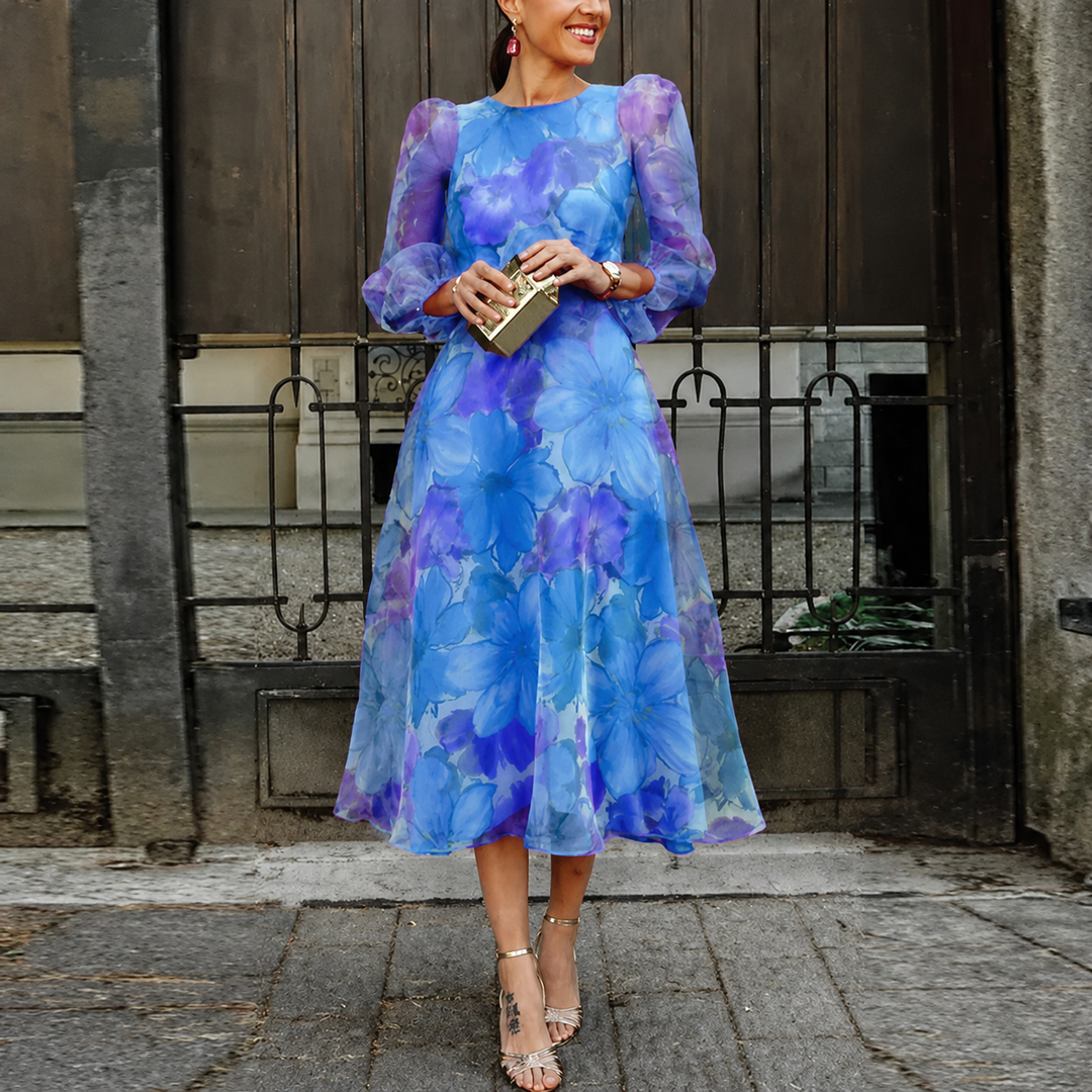 Rosalie | Abito midi in chiffon floreale da donna con maniche lunghe, perfetto per invitata a un matrimonio