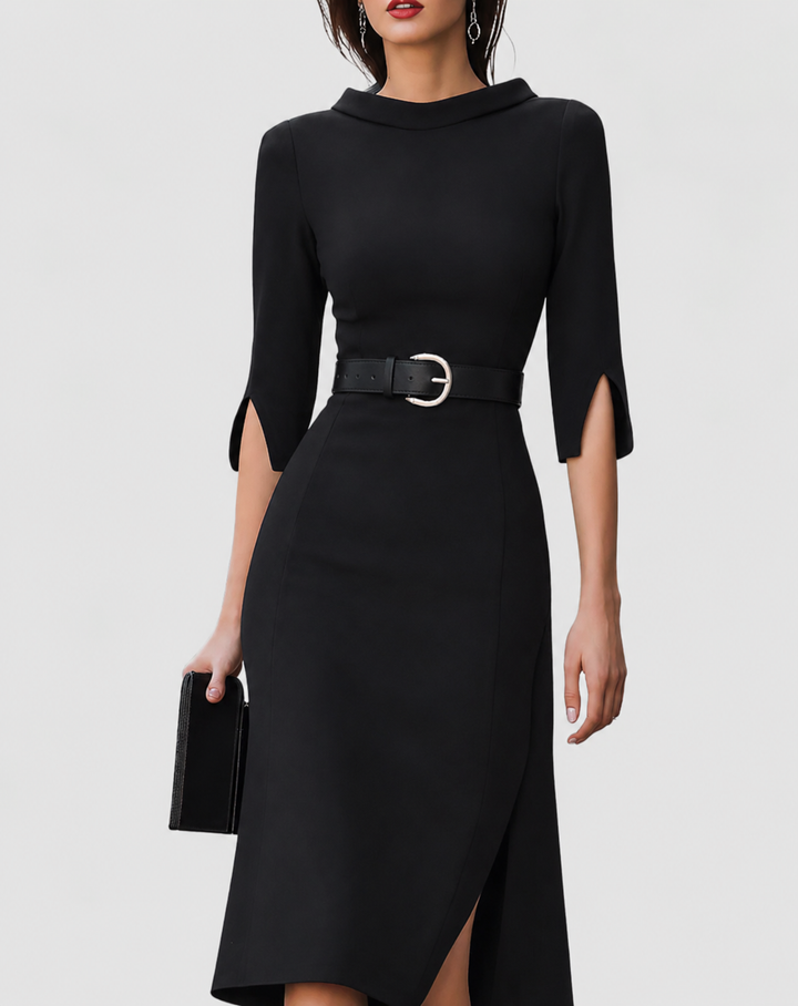 Naomi | Vestido midi para mujer con cuello alto simulado, cinturón y mangas con abertura