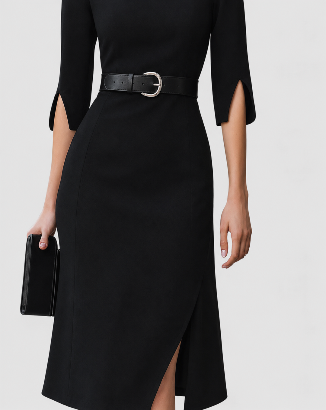 Naomi | Vestido midi para mujer con cuello alto simulado, cinturón y mangas con abertura