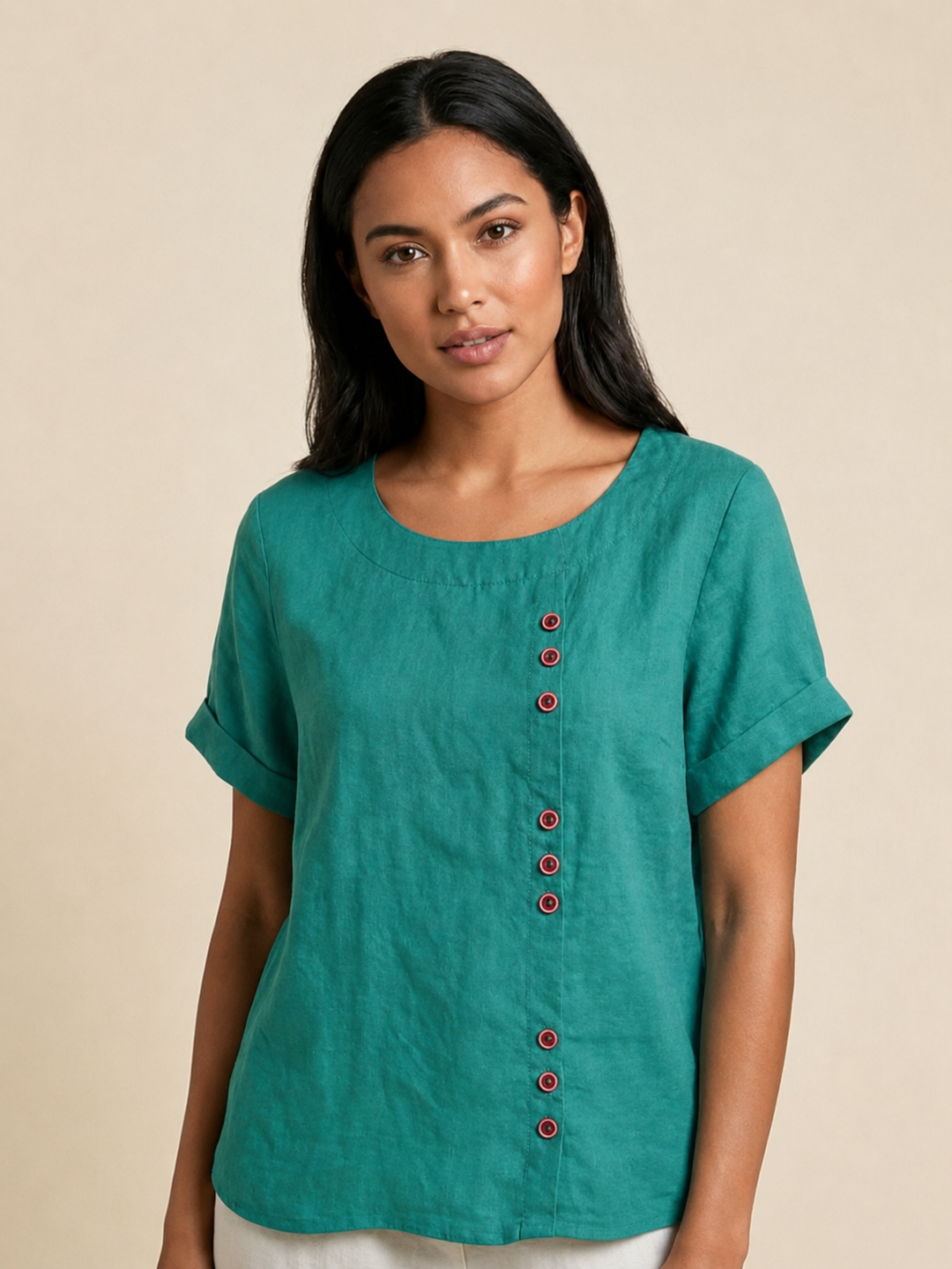 Foreen | Top casual da donna con scollo a girocollo, dettaglio bottoni e maniche corte