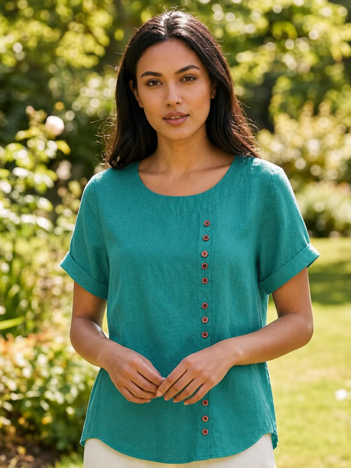 Foreen | Top casual da donna con scollo a girocollo, dettaglio bottoni e maniche corte