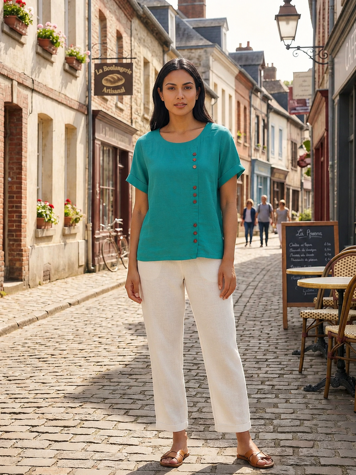 Foreen | Top casual da donna con scollo a girocollo, dettaglio bottoni e maniche corte