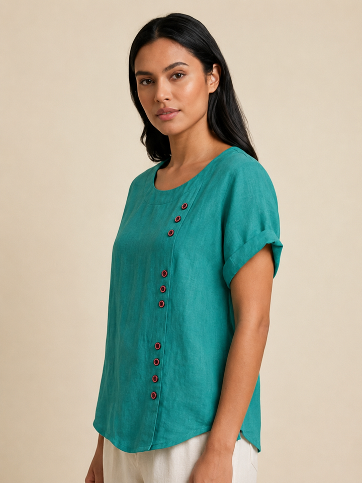 Foreen | Top casual da donna con scollo a girocollo, dettaglio bottoni e maniche corte
