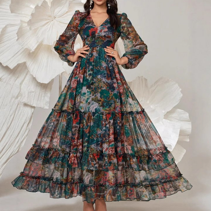 Tiered Floral Maxi Dress with Lantern Sleeves for Women
