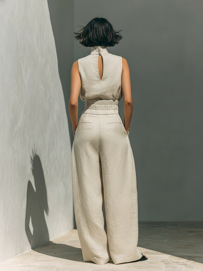 Women's Sleeveless Blouse and Wide-Leg Pants Set