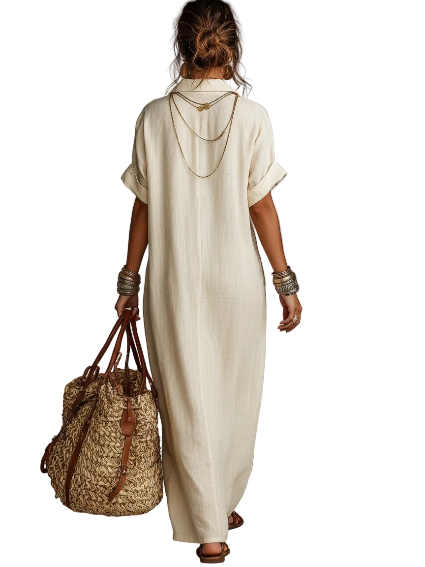 Vestido largo de mujer con camisa de manga corta bordada en mezcla de lino minimalista