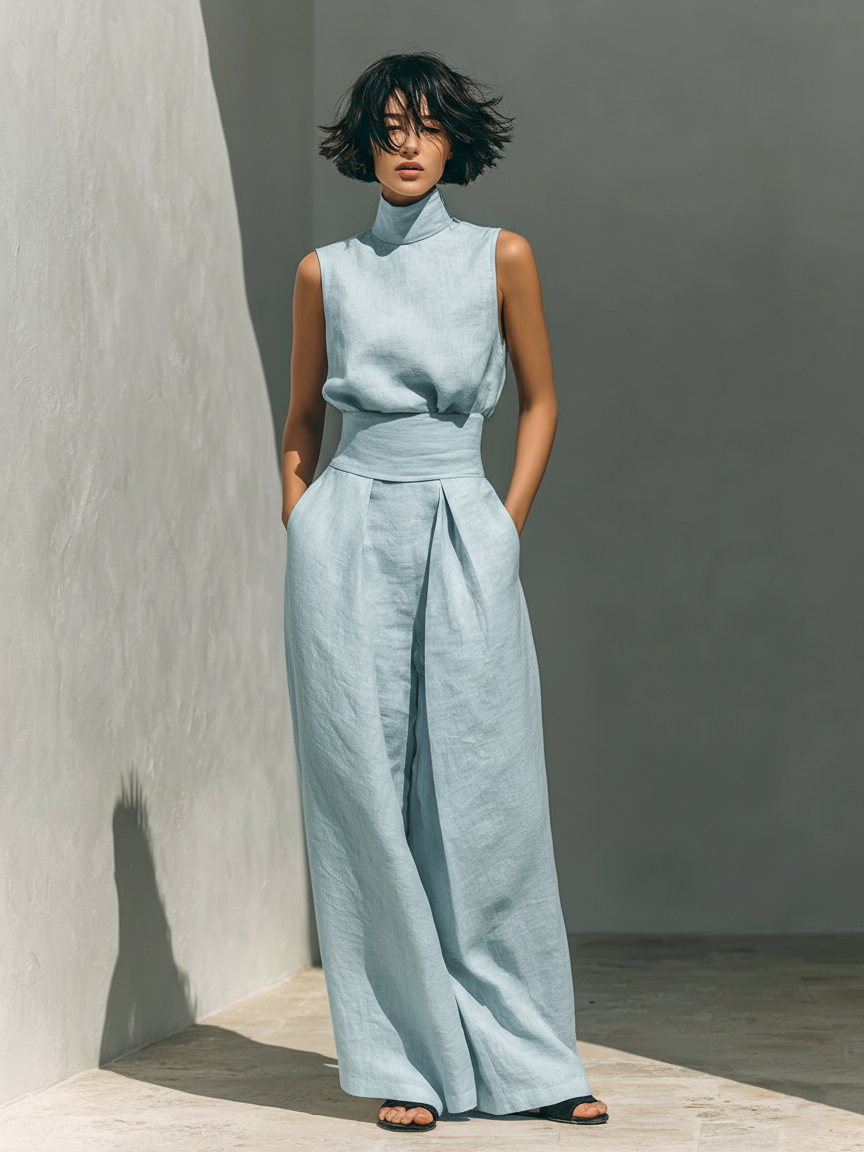Women's Sleeveless Blouse and Wide-Leg Pants Set