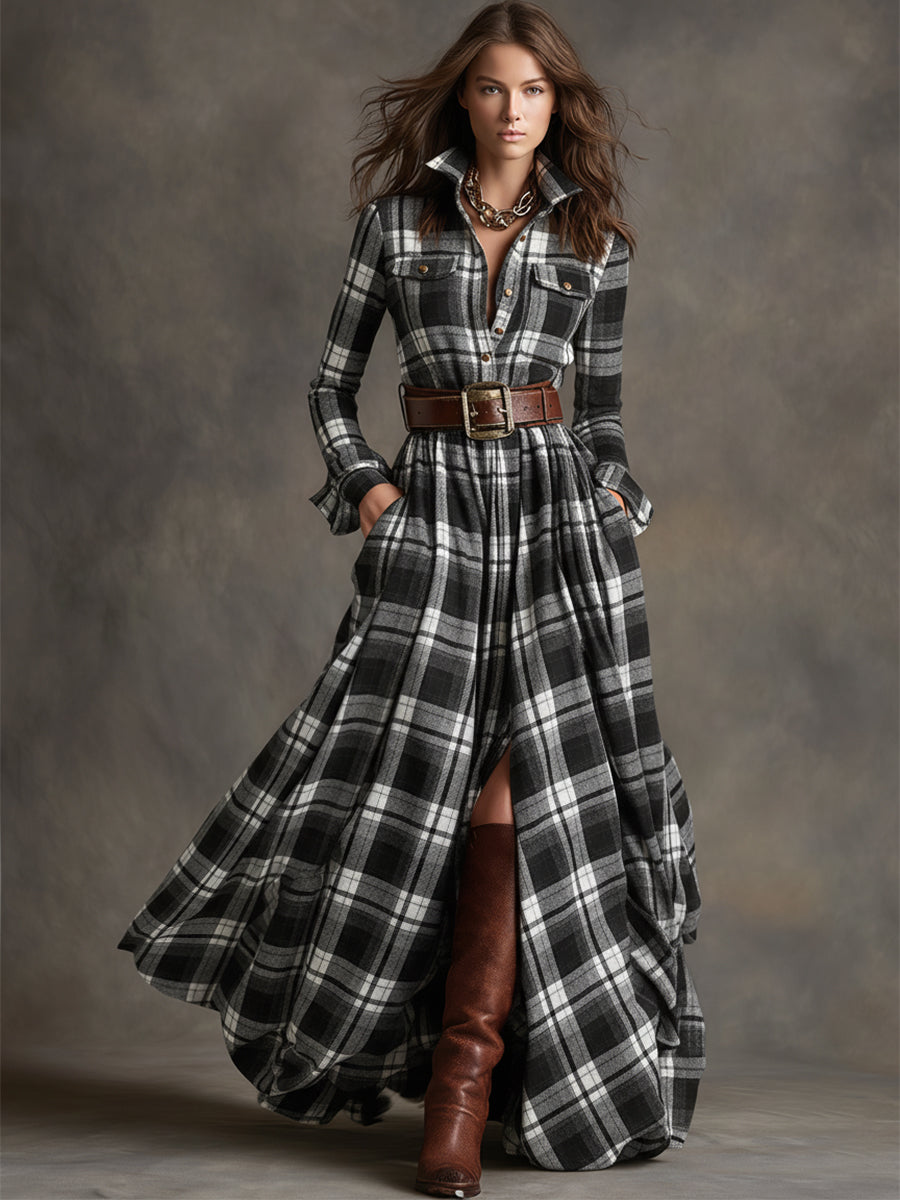 Giulietta - Vestido camisa maxi a cuadros con cinturón