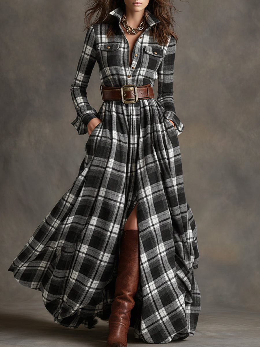 Giulietta - Vestido camisa maxi a cuadros con cinturón