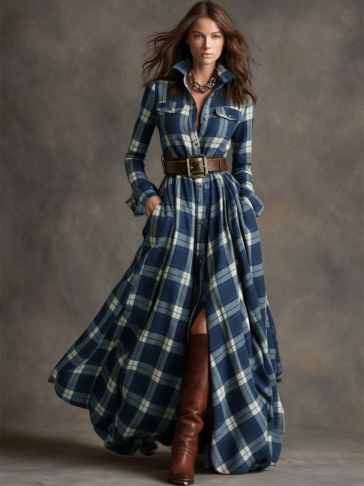 Giulietta - Vestido camisa maxi a cuadros con cinturón