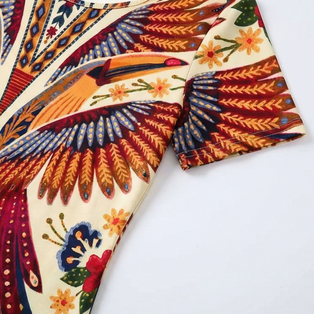 Peacock Print Summer Dress - Short Sleeve Knee Length Dress