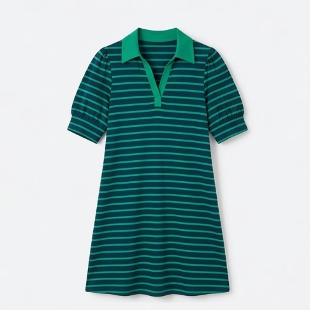 Vestido polo a rayas para mujer - Algodón línea A con cuello en V casual