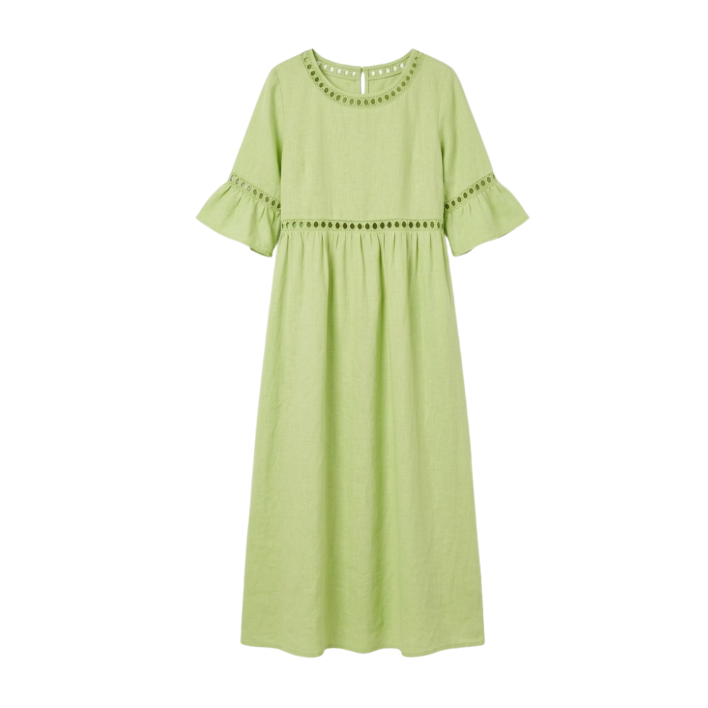 Midi Dress for Women Cotton Linen with Lace Detail