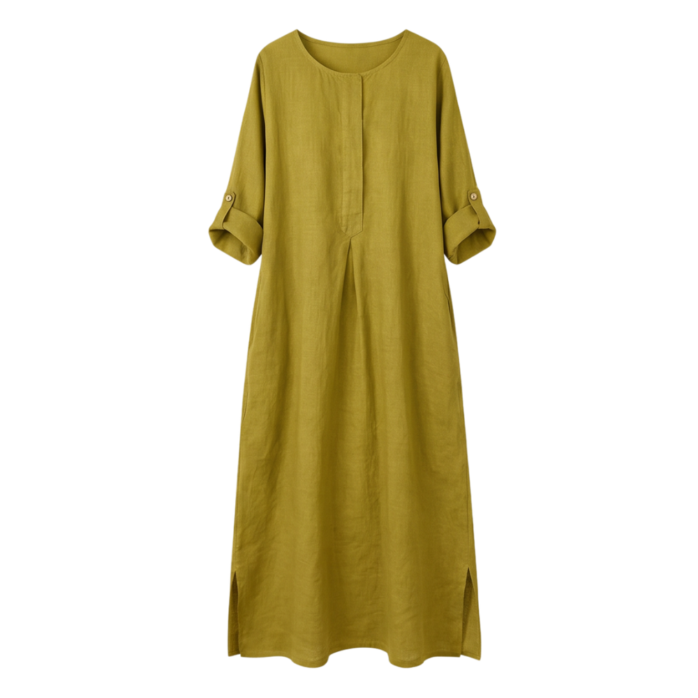 Linen Maxi Dress with Pockets for Women - Long Sleeve