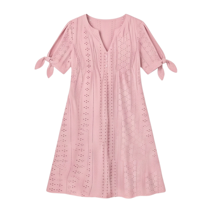 Eyelet Midi Dress With Tie Sleeves - Cold Shoulder Summer Dress