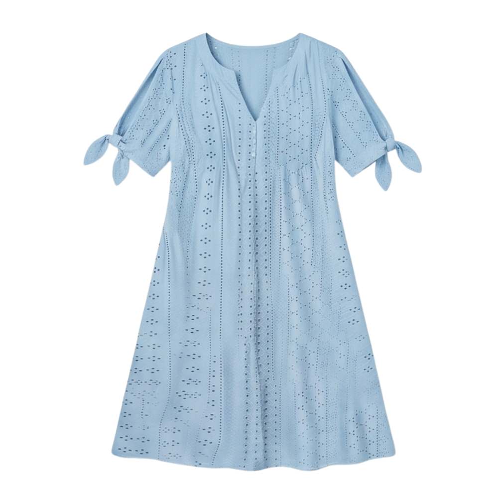 Eyelet Midi Dress With Tie Sleeves - Cold Shoulder Summer Dress
