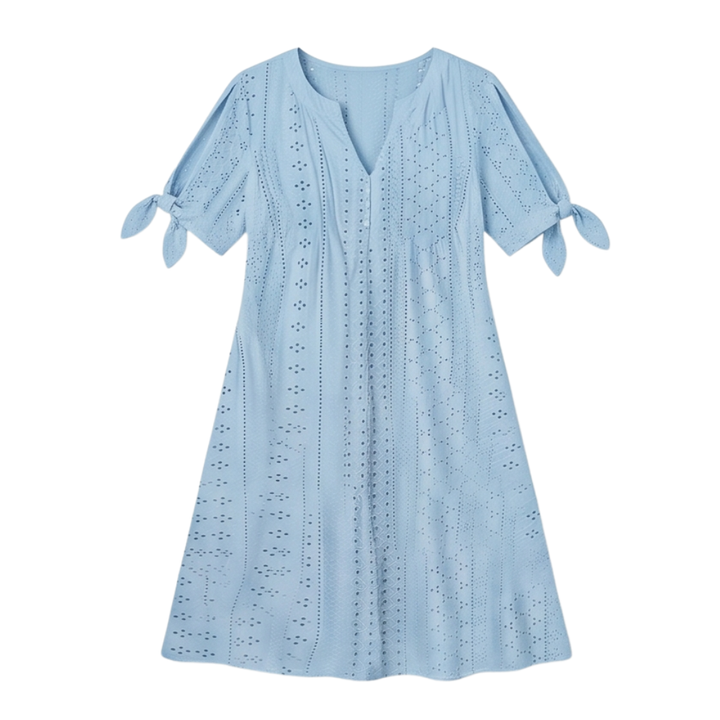 Eyelet Midi Dress With Tie Sleeves - Cold Shoulder Summer Dress