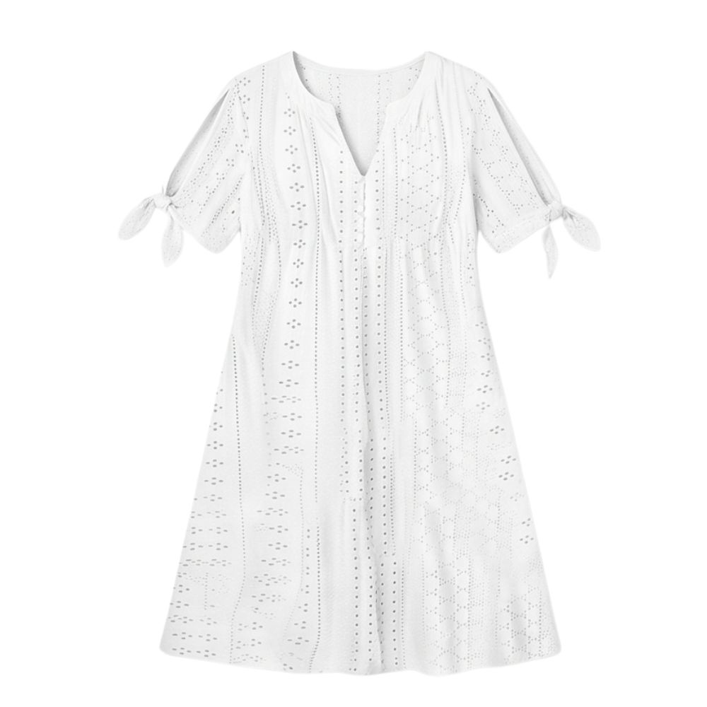 Eyelet Midi Dress With Tie Sleeves - Cold Shoulder Summer Dress