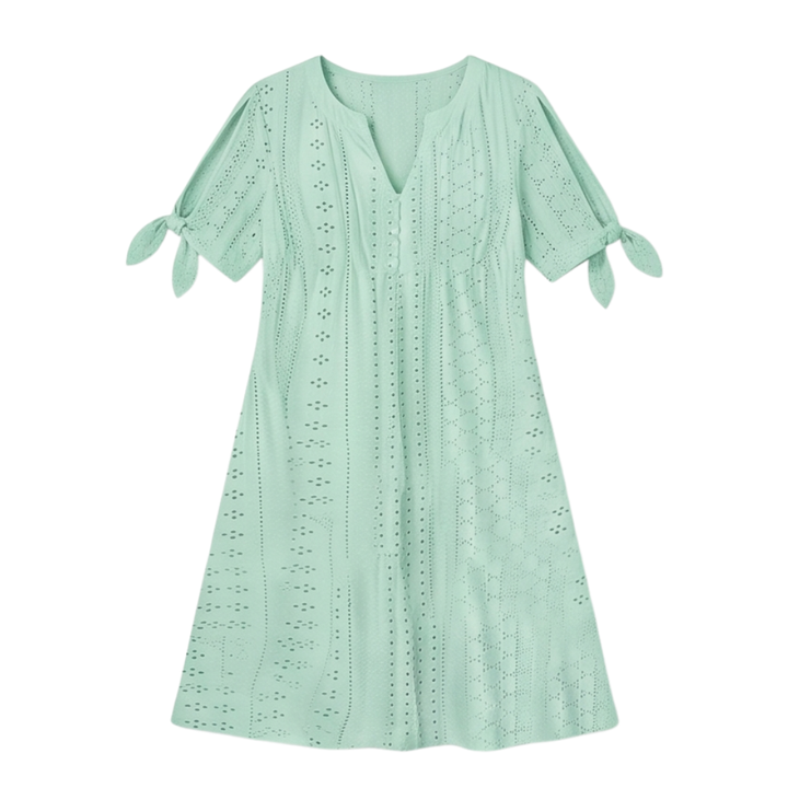 Eyelet Midi Dress With Tie Sleeves - Cold Shoulder Summer Dress
