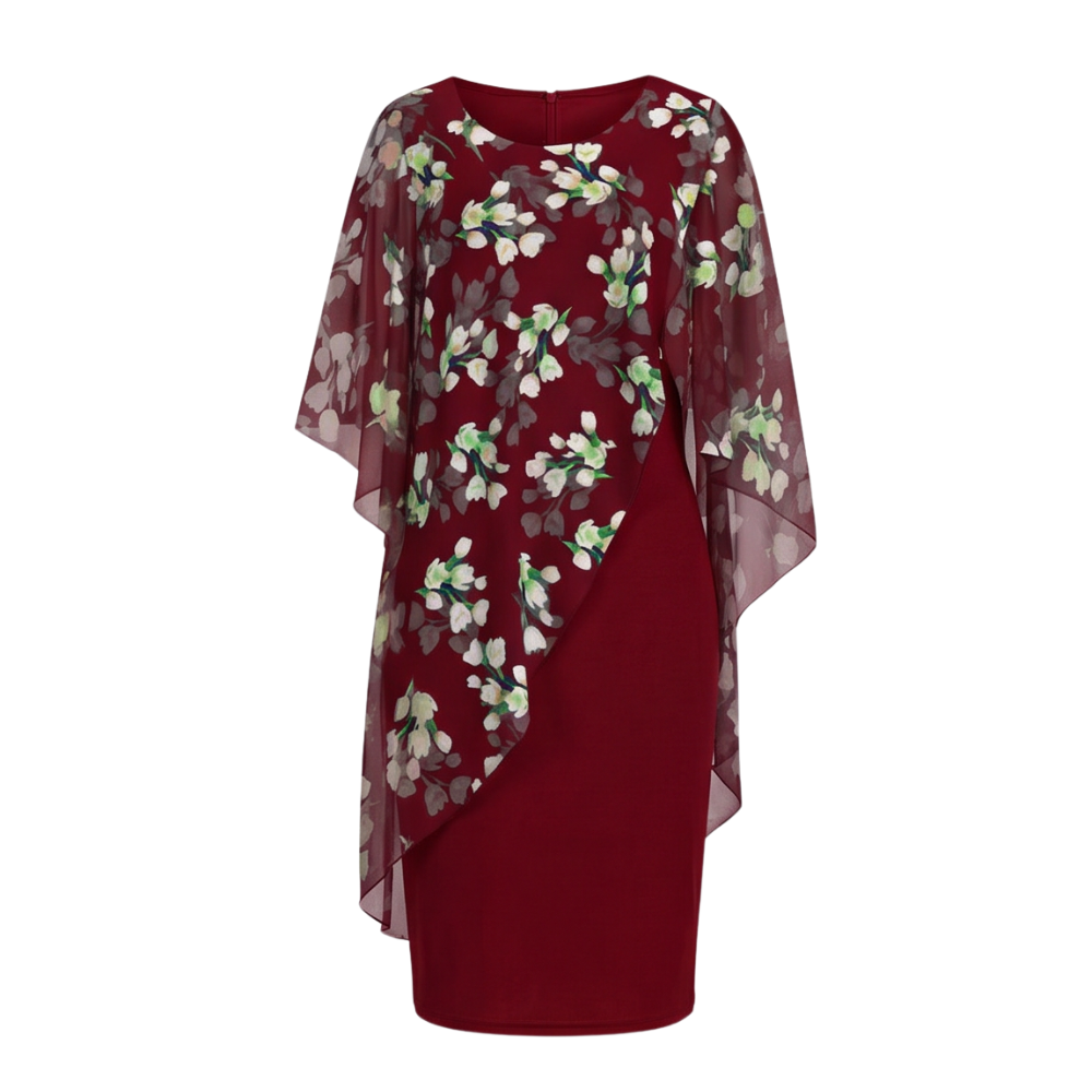 Floral Chiffon Cape Overlay Dress for Wedding Guest