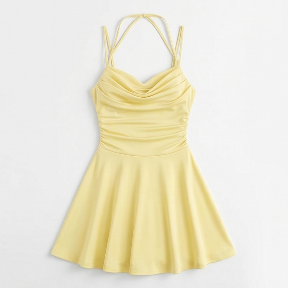 Cowl Neck Mini Dress - Ruched Satin Wedding Guest Dress