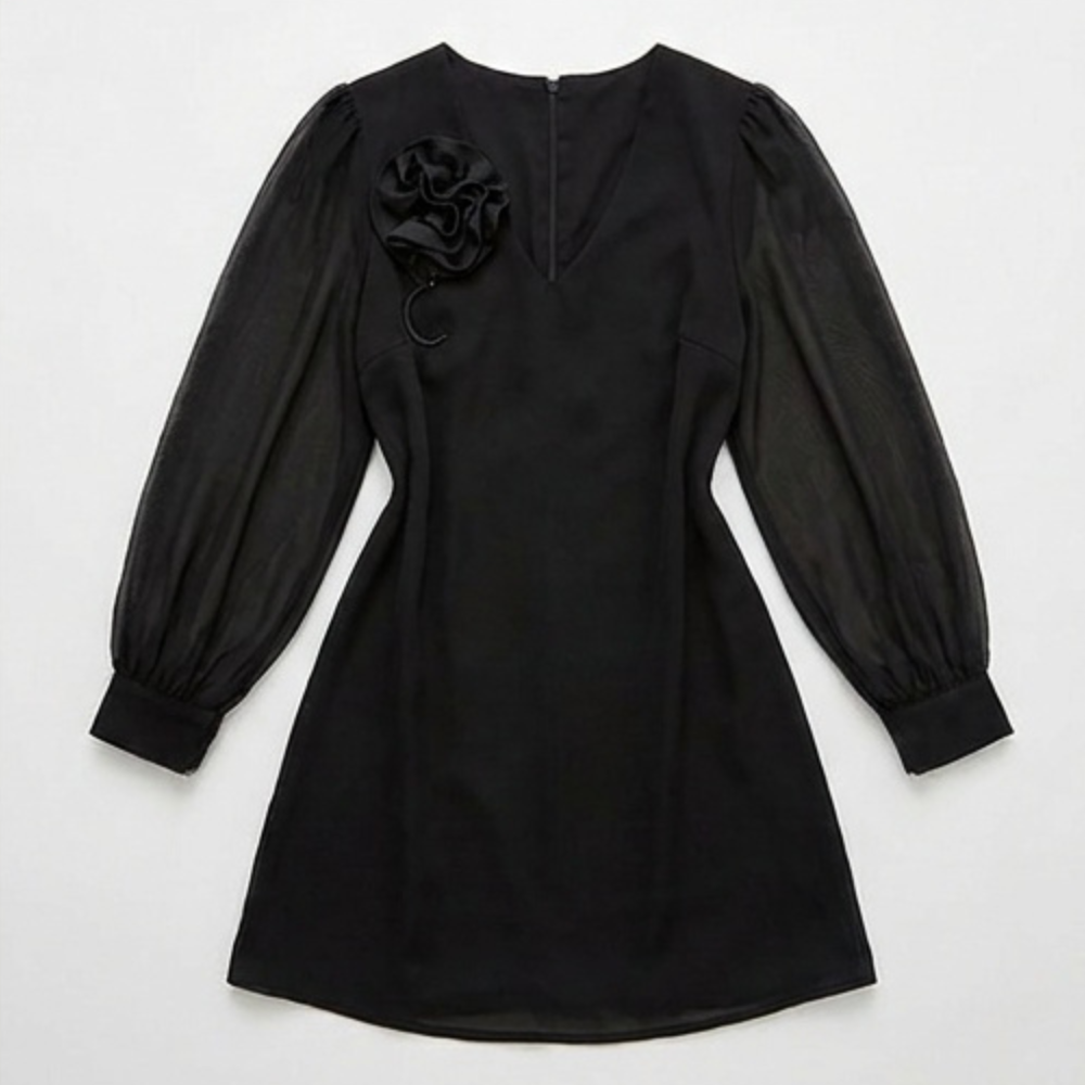 Rosette Shoulder Mini Dress with Balloon Sleeves