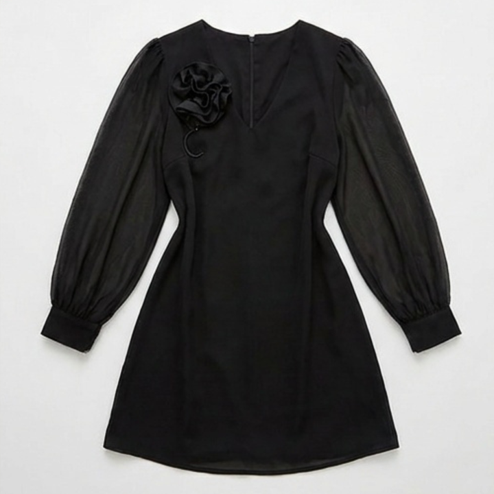 Rosette Shoulder Mini Dress with Balloon Sleeves