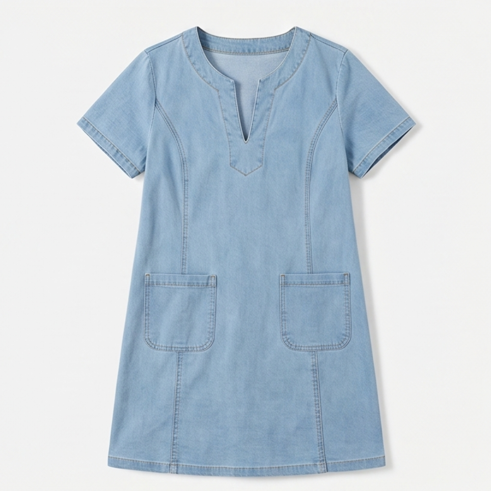 Aurelene™ – V-Neck Denim Dress with Pockets