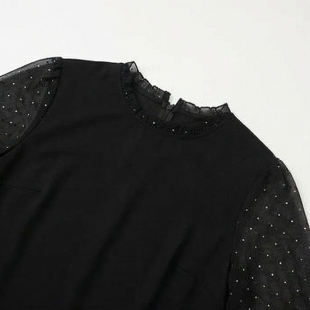 Rhinestone Mesh Sleeve Dress With Ruffle Hem For Women