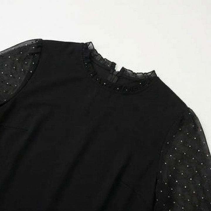Rhinestone Mesh Sleeve Dress With Ruffle Hem For Women