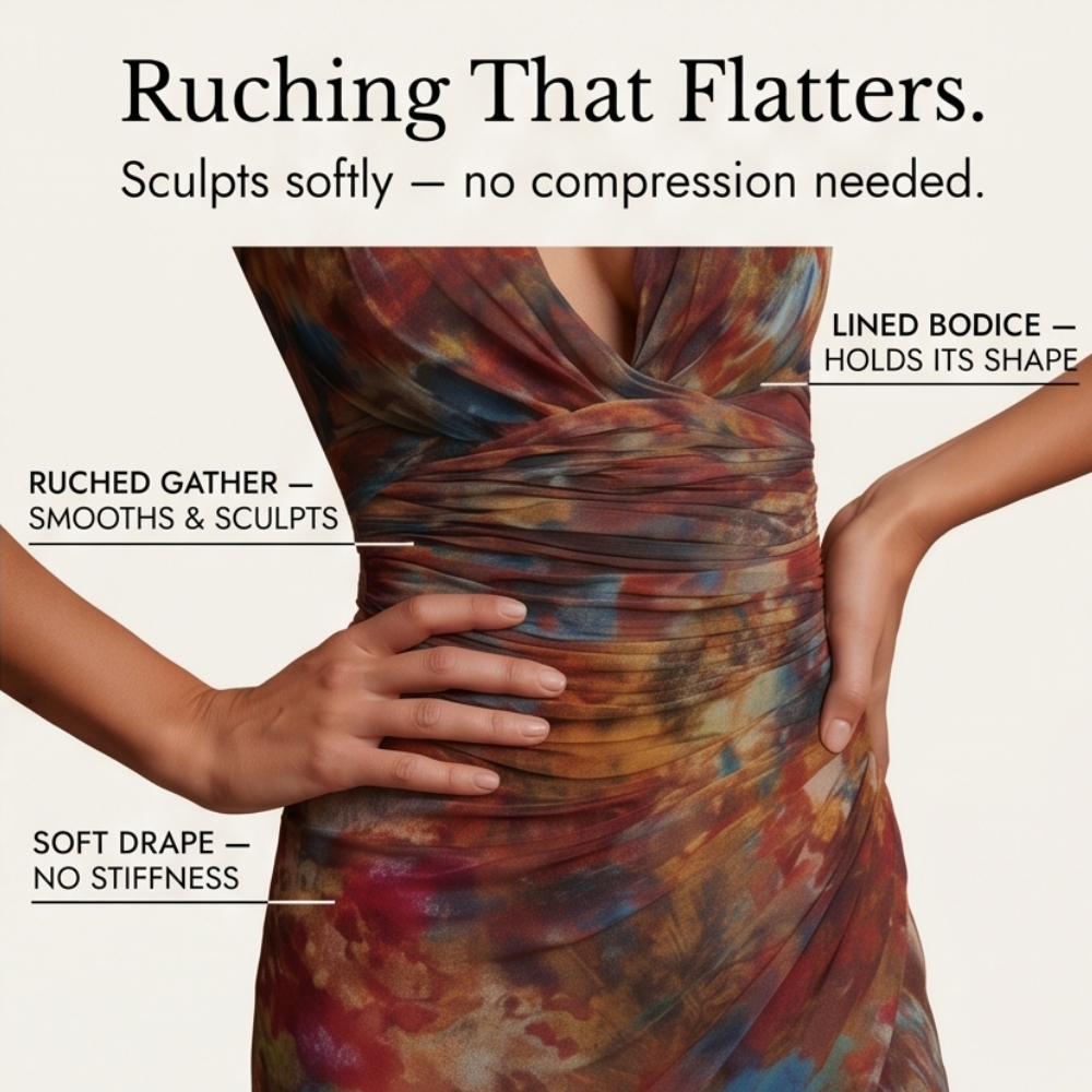 Watercolor Ruched Midi Dress with High-Low Hem