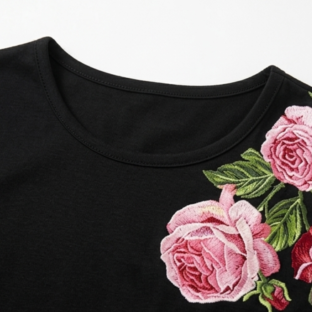 Rose Print A-Line Dress with Short Sleeves