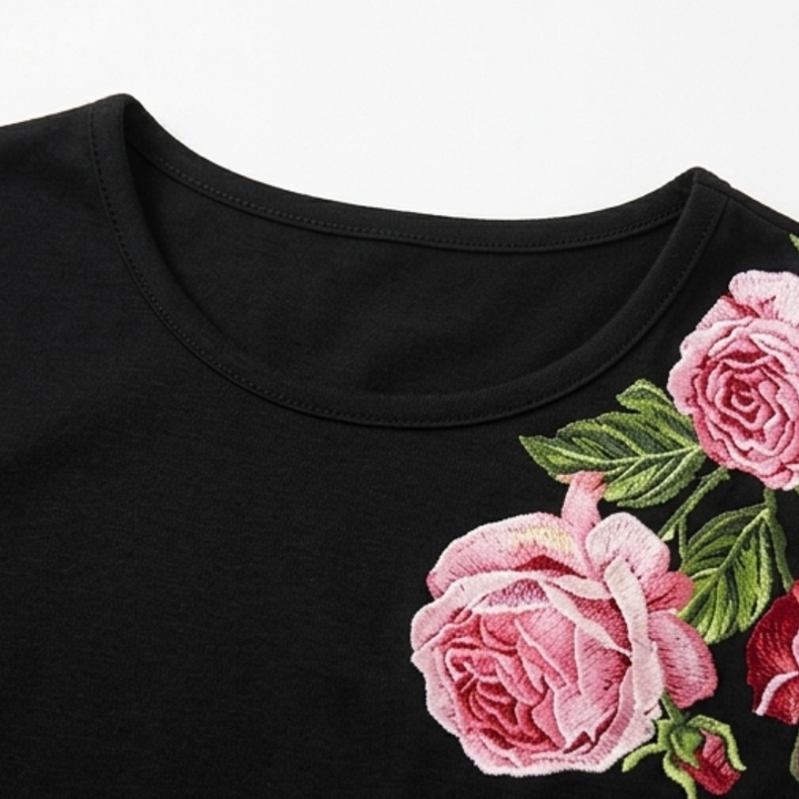 Rose Print A-Line Dress with Short Sleeves
